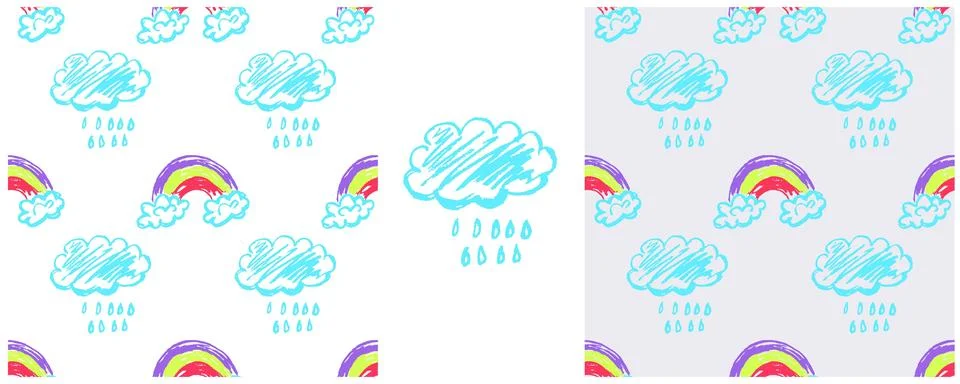 Sky seamless pattern. Set drawings with wax crayons. Clouds, rainbow. Print f Stock Illustration