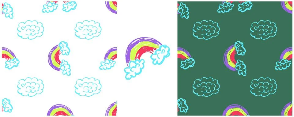 Sky seamless pattern. Set drawings with wax crayons. Clouds, rainbow. Print f Illustrazione stock