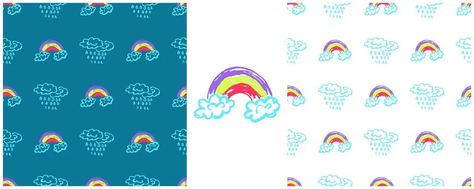 Sky seamless pattern. Set drawings with wax crayons. Clouds, rainbow. Print Stock Illustration
