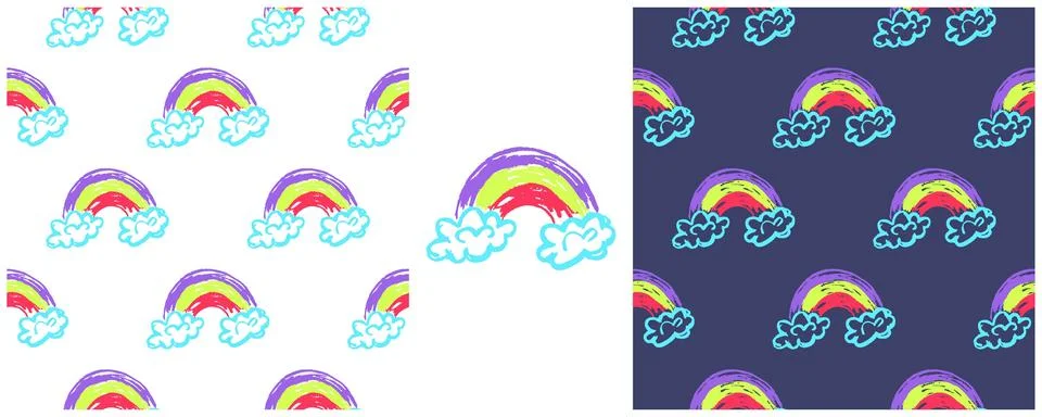Sky seamless pattern. Set drawings with wax crayons. Dreamy mood, rainbow. Pr Illustrazione stock