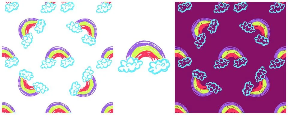Sky seamless pattern. Set drawings with wax crayons. Dreamy mood, rainbow. Pr Illustrazione stock