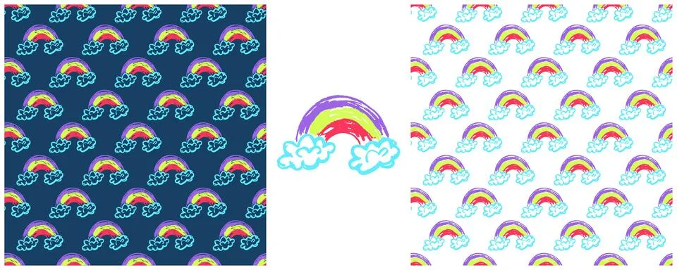 Sky seamless pattern. Set drawings with wax crayons. Dreamy mood, rainbow. Pr Stock Illustration