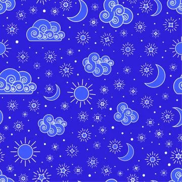 Sky seamless pattern with stars clouds sun and moon Stockillustratie
