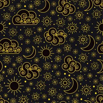 Sky seamless pattern with stars clouds sun and moon 스톡 일러스트