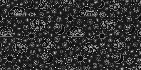 Sky seamless pattern with stars clouds sun and moon 스톡 일러스트