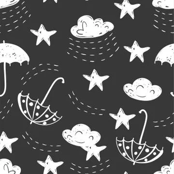 Sky simple sketh drawn by hand seamless pattern in cartoon style with cloud Stock Illustration
