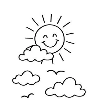 Sky with sun and clouds icon doodle hand drawn. Outline line drawing clipar.. Stock Illustration