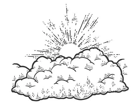 Sky, sun peeps out behind the clouds. Sketch scratch board imitation. Stock Illustration