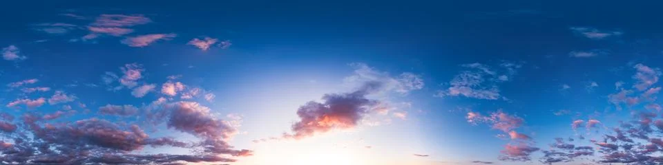 Sky sunset panorama equirectangular 360 degree view of blue heavens and pink Stock-Fotos