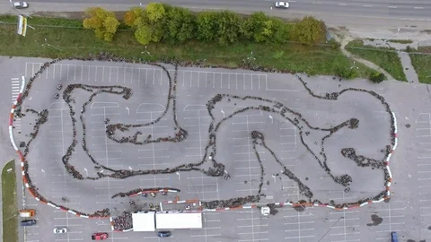 Sky top-down view of a carting track with racing carts Stock Footage 91291252