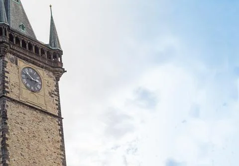 Sky tower gothic clock, historical building pointed roof close-up. Prague Cze Stock Photos