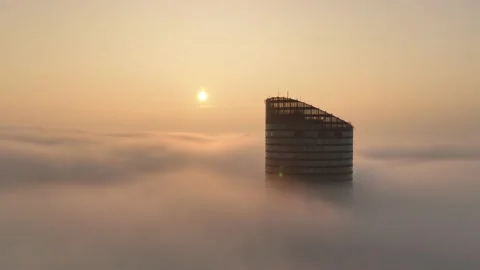 Sky Tower, Wroclaw, Poland during morning foggy sunrise Stock Footage 238089614