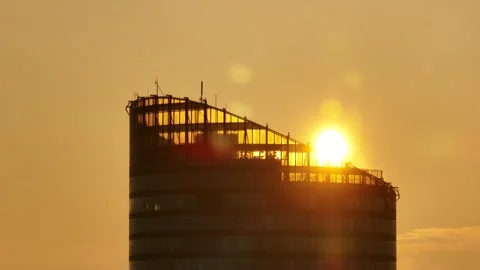 Sky Tower, Wroclaw, Poland during morning foggy sunrise Stock Footage 238089831
