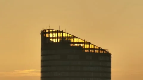 Sky Tower, Wroclaw, Poland during morning foggy sunrise Stock Footage 238089836