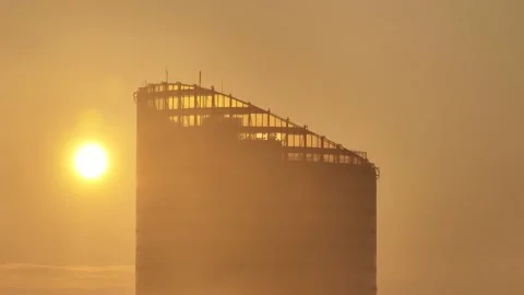 Sky Tower, Wroclaw, Poland during morning foggy sunrise Stock Footage 238089896