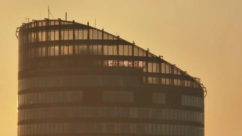Sky Tower, Wroclaw, Poland during morning foggy sunrise Stock Footage 238089924