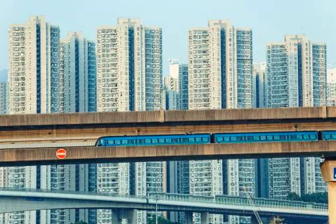 Sky train and track system in a modern neighborhood Stock Photos