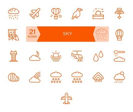 Sky Vector Graphics Pack including 25 Regular Line 128x128 Grid Fitted Icons Stock Illustration
