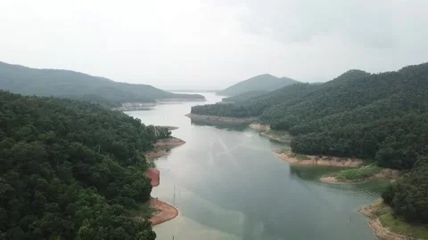 Sky view from drone fly back from beautiful nature dam 動画素材 135378296