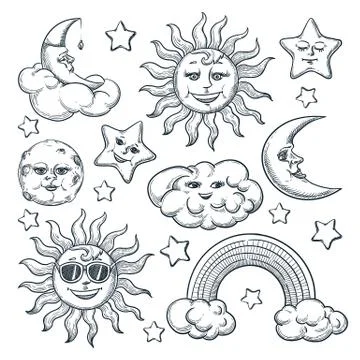 Sky vintage design elements, isolated on white background. Vector sketch illu Illustrazione stock