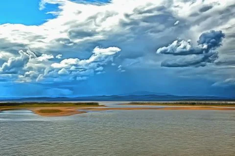 The sky with voluminous clouds over the lake Stock Illustration