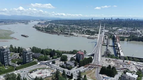 SkyBridge - Fraser River - New Westminster And Surrey - British Columbia - Stock Footage 345943266