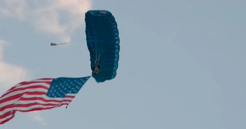 Skydiver with American flag and parachute lands in crowd Video stock 166326860