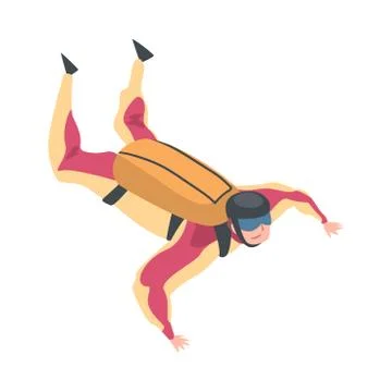 Skydiver Doing Base Jump with Parachute in Sky, Skydiving Parachuting Extreme Stock Illustration