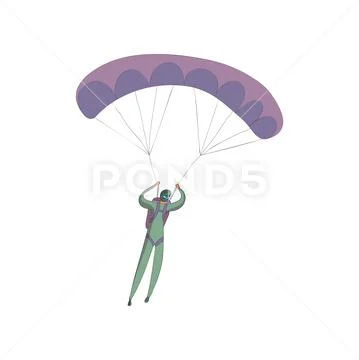 Skydiver in a green suit soars on an open purple parachute. Vector illustration Stock Illustration