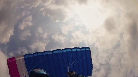 Skydiver in helmet parachuting in cloudy sky. Landing. Extreme sport. Balance. Stock Footage 79512779