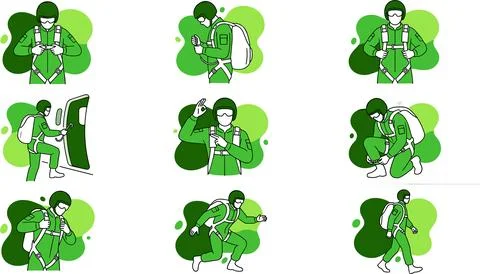 Skydiver Preparation Sequence - Step-by-Step Illustration of Parachuting Ge.. Stock Illustration