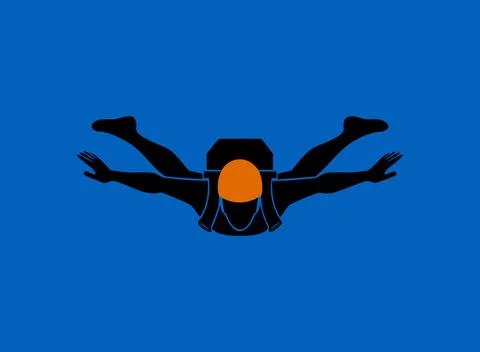 Skydiver silhouette falling in spread eagle position on blue space. Stock Illustration
