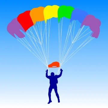 Skydiver, silhouettes a rainbow parachuting vector illustration 库存插图