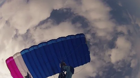Skydiver in uniform parachuting in cloudy sky. Height. Extreme sport. Speed. Видео 79512455
