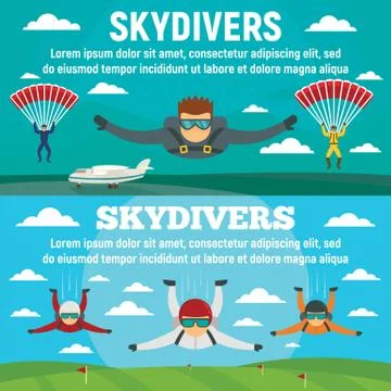 Skydivers banner set, flat style 스톡 일러스트