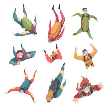 Skydivers Doing Base Jump with Parachutes in Sky, Freefall, Skydiving Stock Illustration
