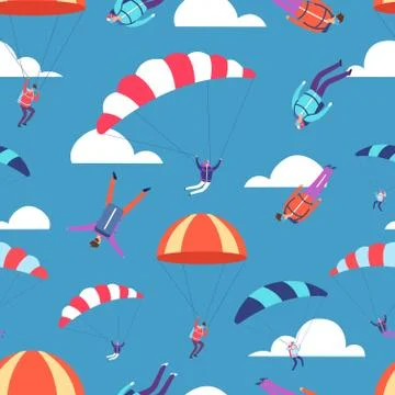 Skydivers, jumpers in sky vector seamless pattern Stock Illustration