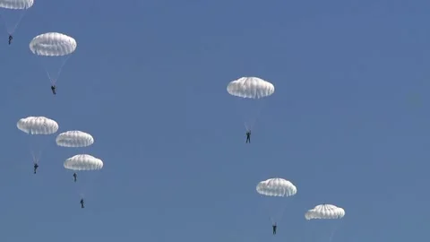 Skydivers soar in the blue sky, fall down Stock Footage 116048425