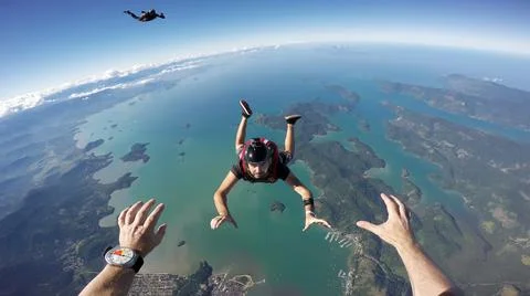 Skydiving first person view. Stock Photos