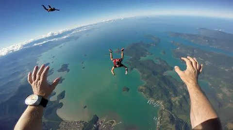 Skydiving first person view. Stock Photos