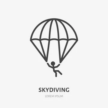 Skydiving flat line icon. Vector thin sign of parachute jumper, sky diving logo 스톡 일러스트