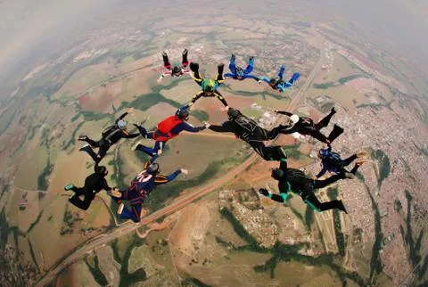 Skydiving formation group soft focus photo Stock Photos