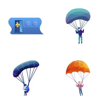 Skydiving icons set cartoon vector. Male skydiver during jump Stock Illustration