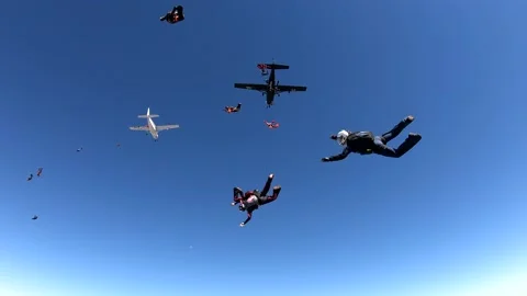 Skydiving large group formation clear sky Stock Footage 142772541