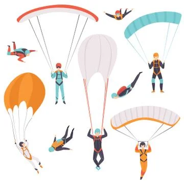 Skydiving men falling through the air with parachutes set, extreme sport Illustration
