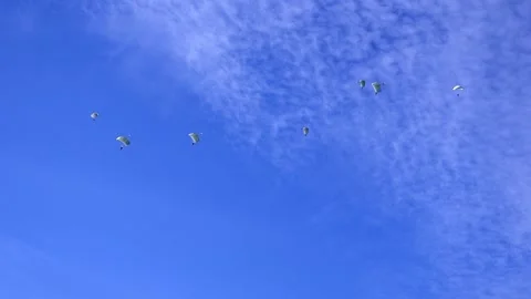 Skydiving people doing a in free fall against the background of a blue sky with Vidéo 167576997