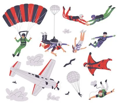 Skydiving, set of cartoon vector illustrations isolated on white. Stock Illustration