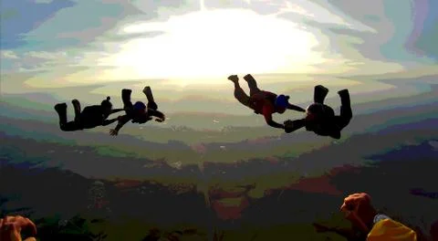 Skydiving team work at the sunset illustration Stock Illustration