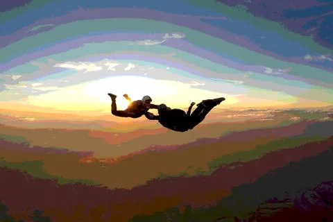 Skydiving team work at the sunset illustration Stock Illustration