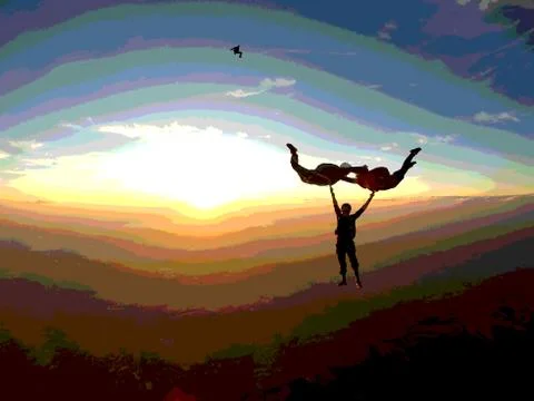 Skydiving team work at the sunset illustration Stock Illustration